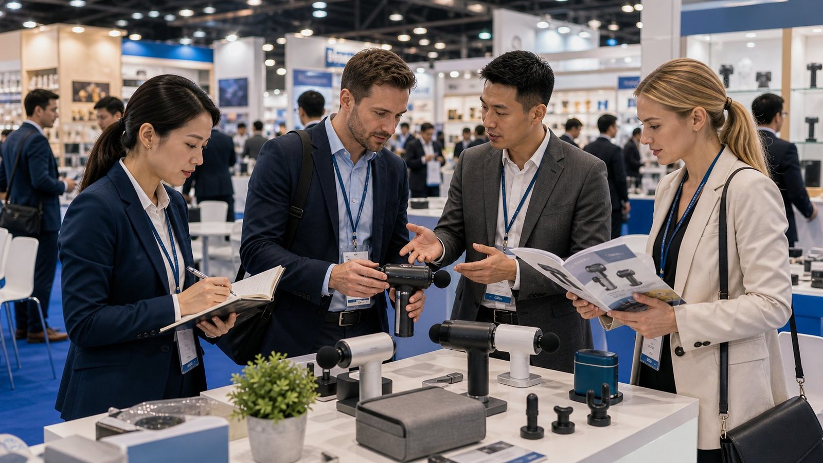 Global trade show buyer comparing suppliers after exhibition meetings