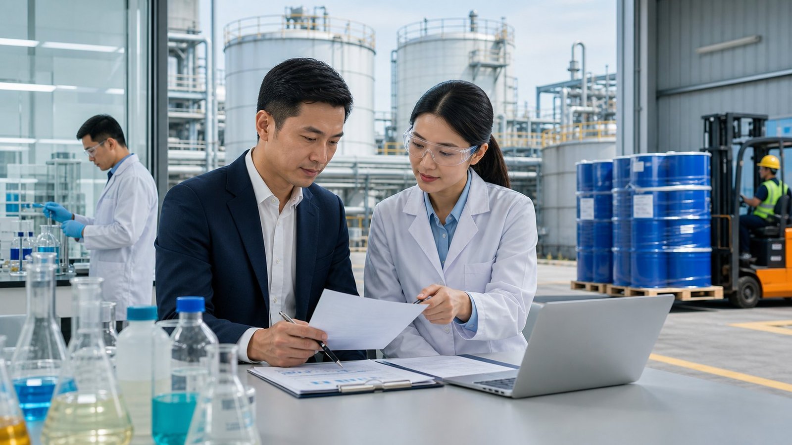 Industrial chemical sourcing review with drums, documents, and compliance checks