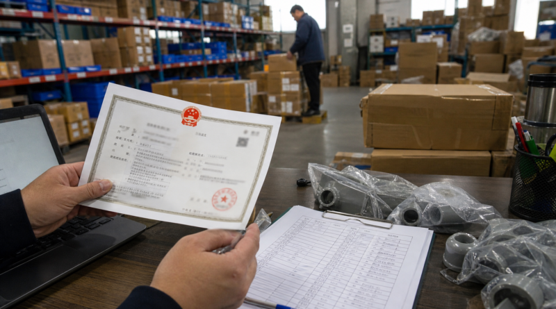 Supplier verification documents and product samples checked in a warehouse office