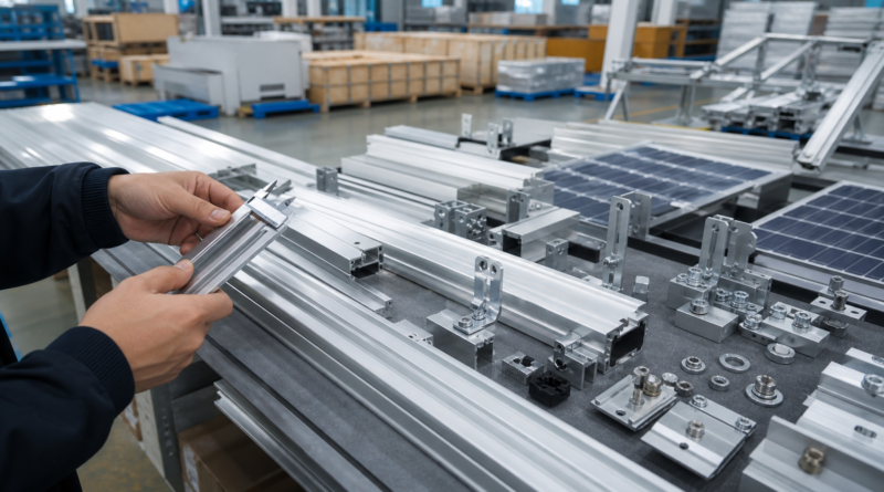 Inspector checking aluminum solar mounting rails and clamps in a supplier workshop