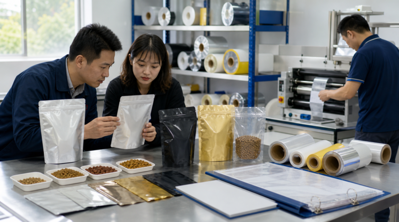 Pet food pouch samples and barrier film checked in a packaging factory QA room
