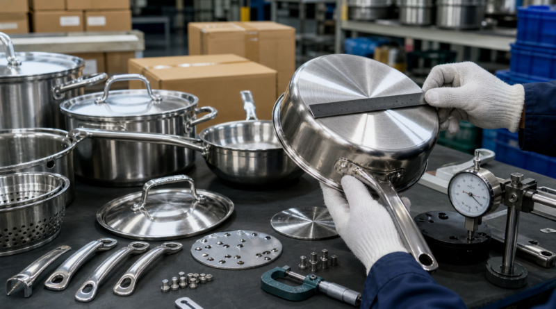 Quality inspector measuring stainless steel cookware base and handle rivets in a factory