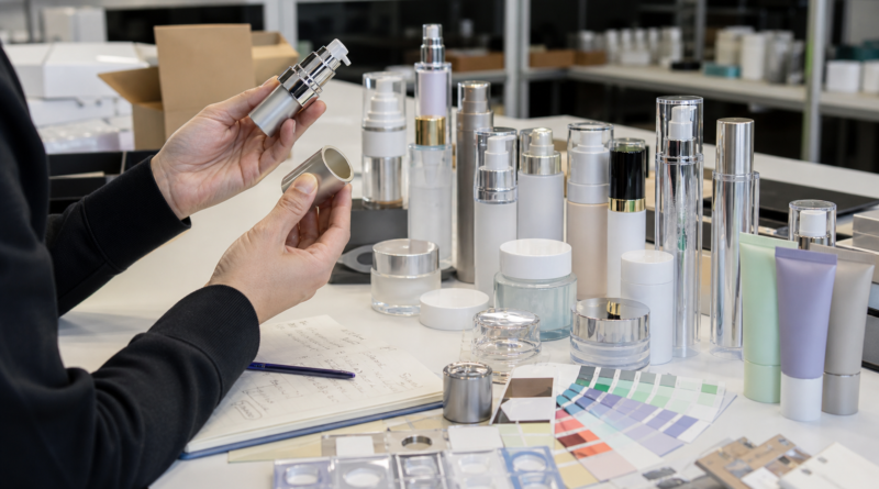 Buyer comparing cosmetic packaging samples, pumps, jars, tubes, and color swatches