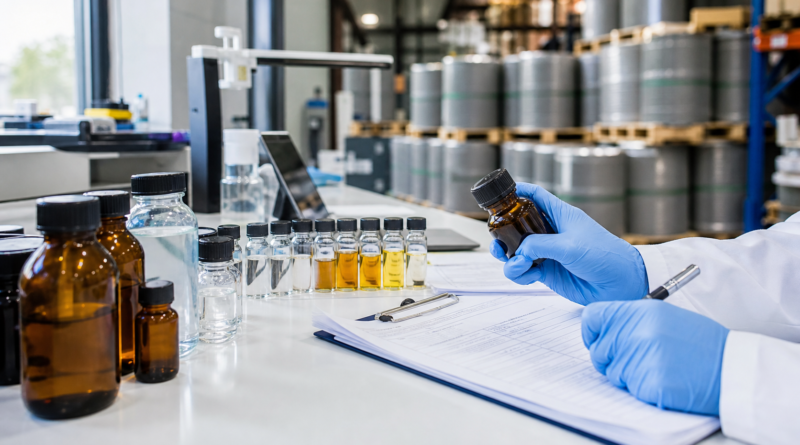 Chemical samples and quality documents reviewed on a laboratory bench with warehouse drums in the background