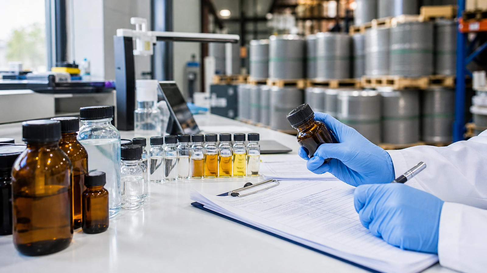 Chemical samples and quality documents reviewed on a laboratory bench with warehouse drums in the background