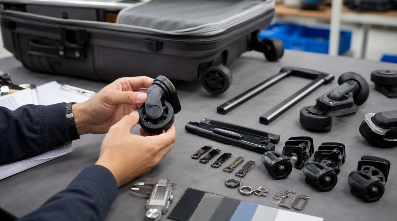 Luggage wheels, handles, zipper pulls, and material samples being checked on a factory inspection table