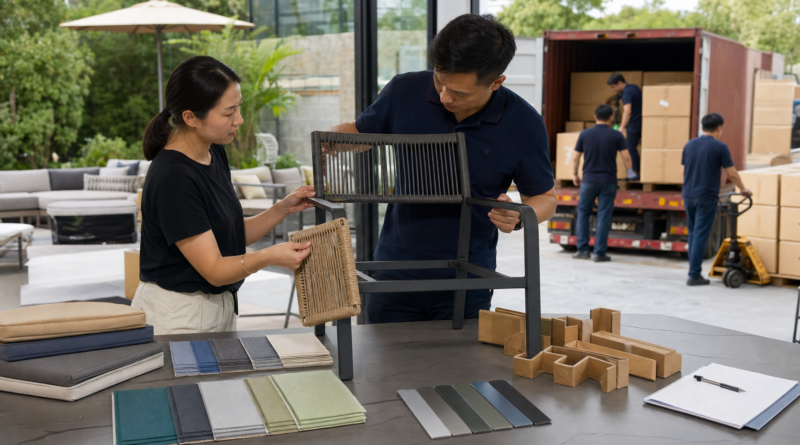 Outdoor furniture samples inspected for frame quality fabric and export packing