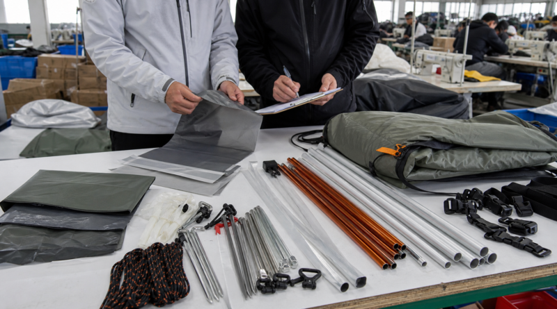 Camping tent fabric poles and accessories checked in an outdoor gear factory